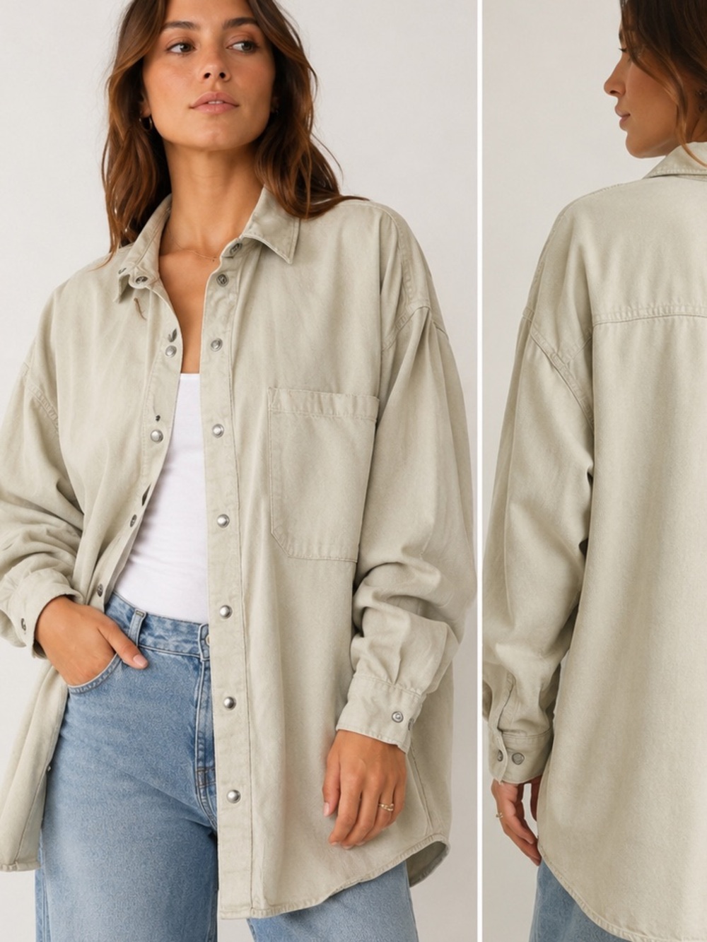 H&M size L Light beige Casual Pearl Snap Button Shirt denim fabric oversized